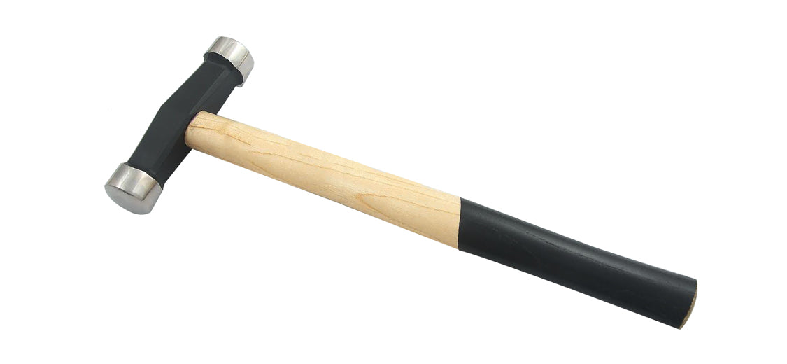Forming hammer with 450g weight, wooden handle, dual-faced metal head for metal shaping and smoothing.