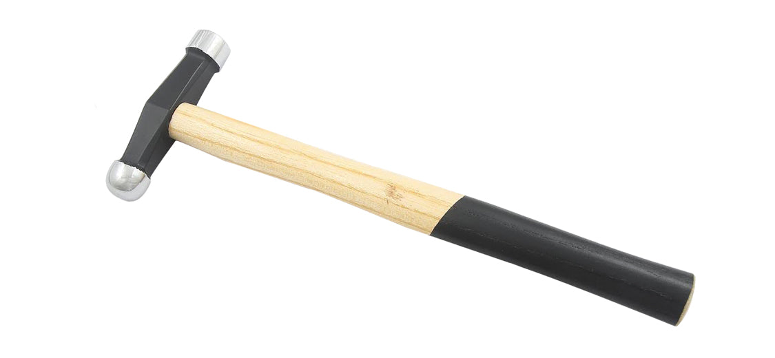 Forming hammer with wooden handle and two metal heads for metal shaping and flattening weighing 225 grams