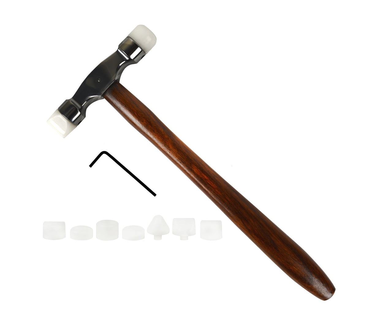 9-1/2 inch nylon tipped forming hammer with wooden handle, steel head, 9 interchangeable nylon faces, and hex wrench