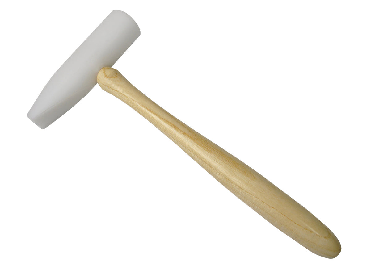 Deadblow mallet with 2" domed and 1" wedge nylon heads and wooden handle for jewelry and metal work