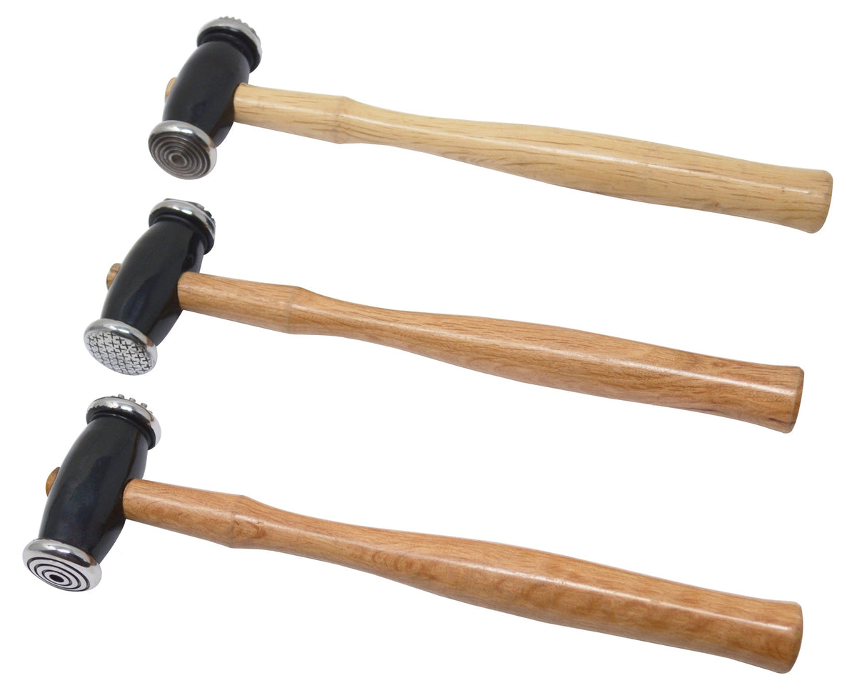 Set of 3 texturing hammer set with polished steel double-sided heads for metal patterning and sculpting