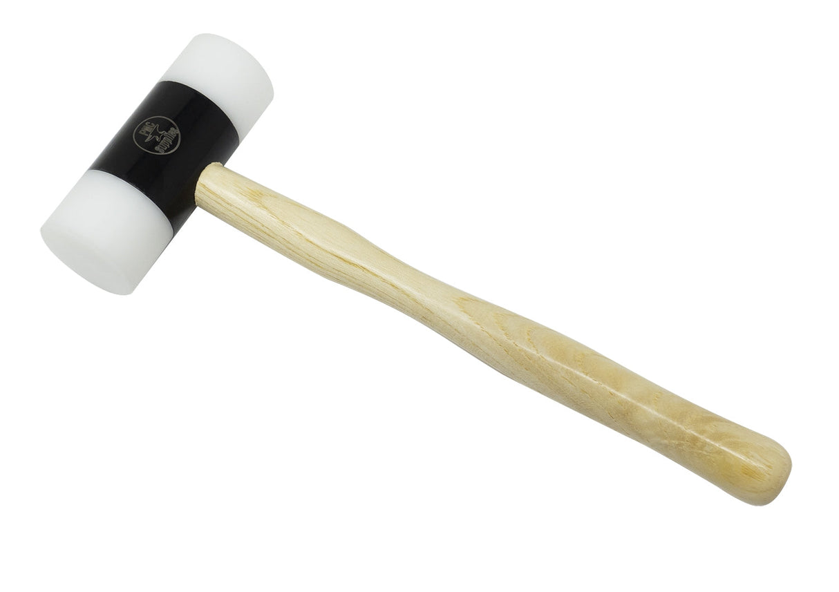 Nylon hammer with 1-1/4" nylon faces and wooden handle for jewelry making and metalwork.