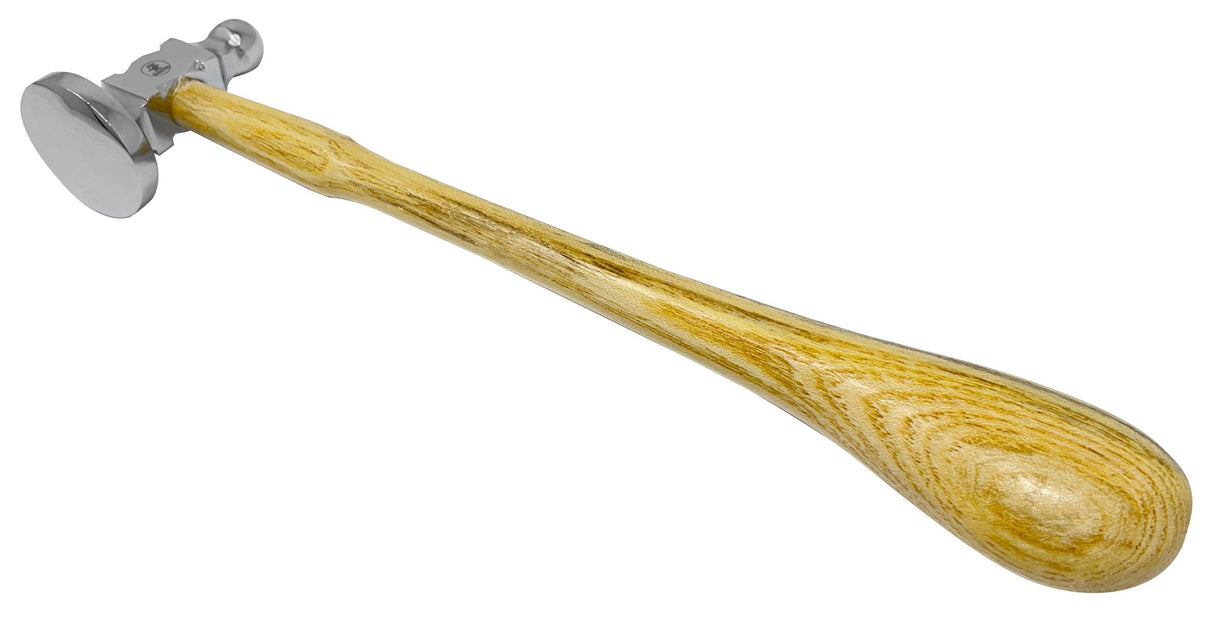 1-1/2" Domed Face German-style chasing hammer with polished steel head and hardwood handle