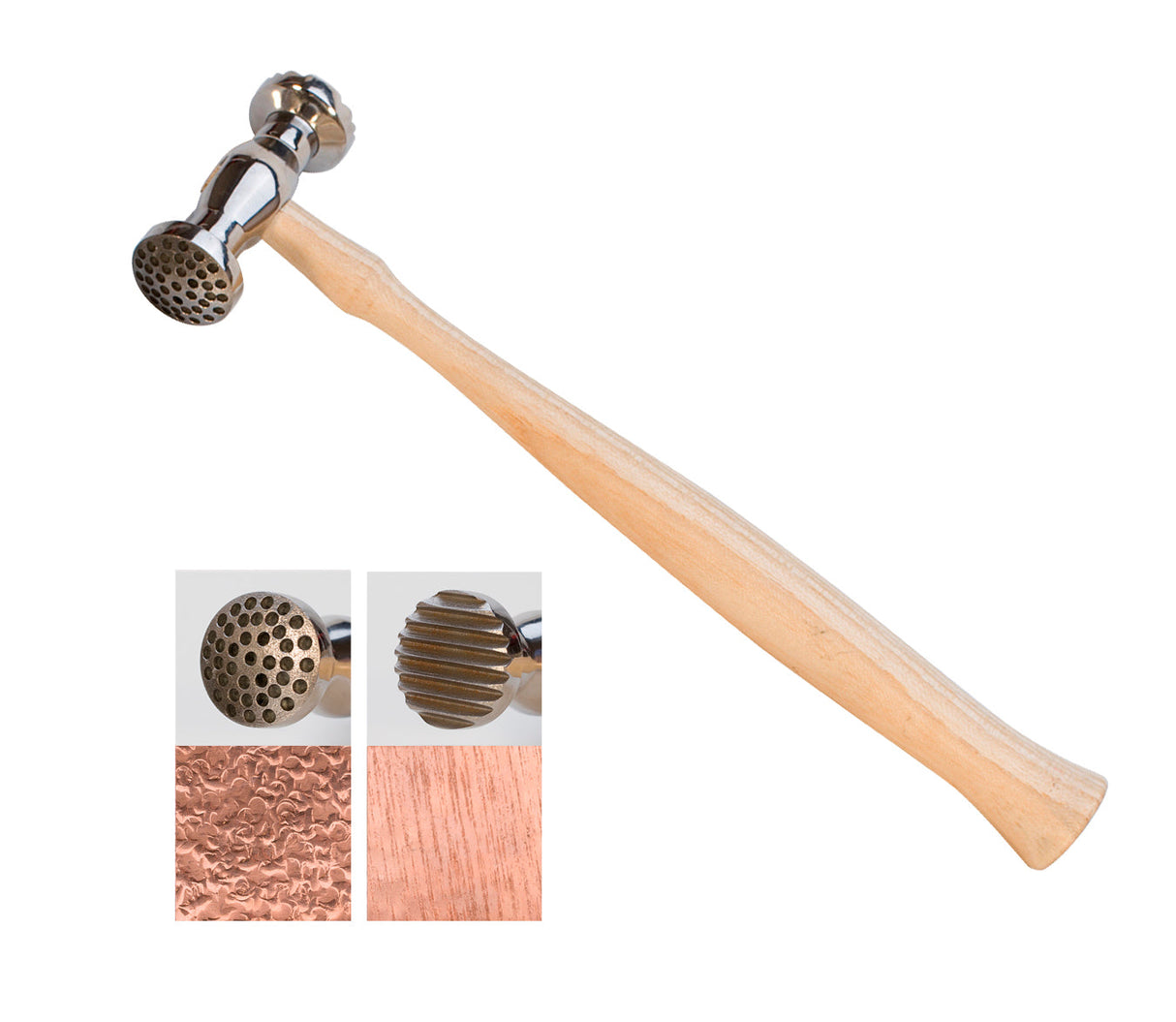 Round Dimples & Narrow Pinstripe Texturing Hammer with wooden handle and double-sided metal head for metalwork textures