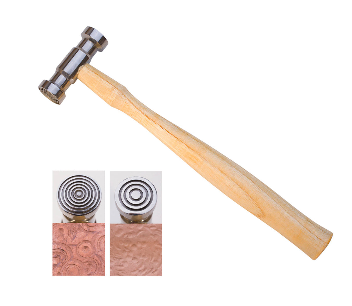 Bullseye Texturing Hammer with wooden handle and double-sided metal head for creating bullseye patterns on non-ferrous metals like gold and silver.