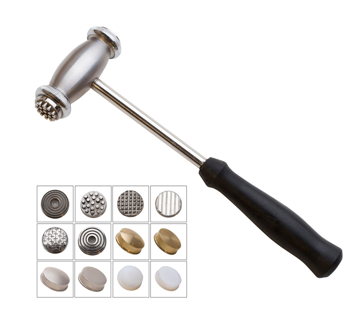 Interchangeable Texturing Hammer with 12 textured faces and ergonomic handle for wood, metal, and craft projects
