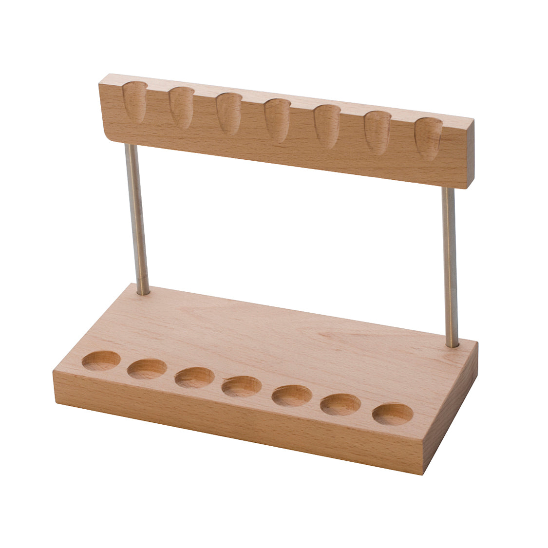 Wooden hammer stand organizer holding seven hammers with compact design for workbench storage