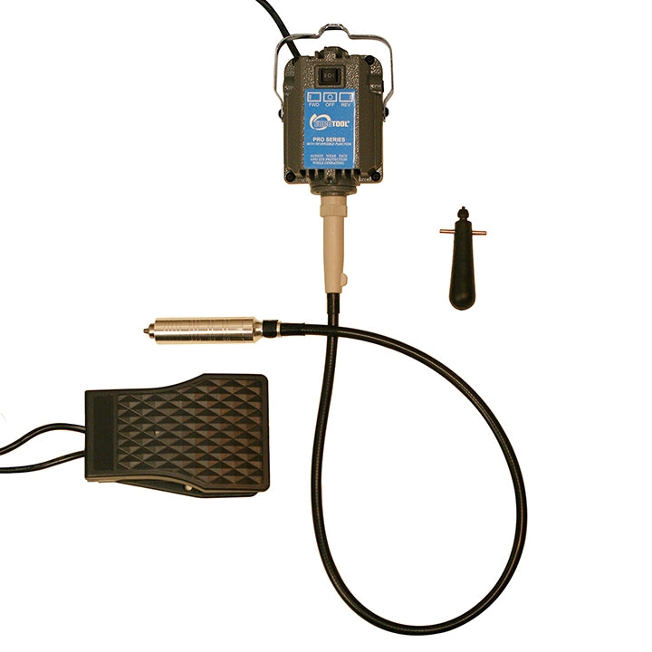 Flexible Shaft Machine with a black flexible cable, foot pedal, blue control unit, and metal handpiece for precision work.