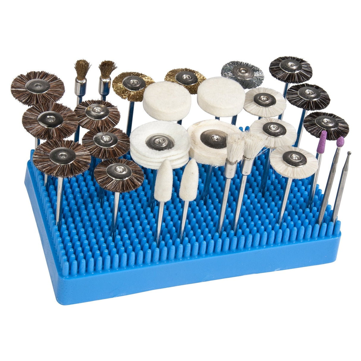 30 Piece Rotary Tool Accessory Kit with brushes, polishing buffs, aluminum oxide points, steel burs, felt bobs on a blue storage stand for jewelry finishing and polishing