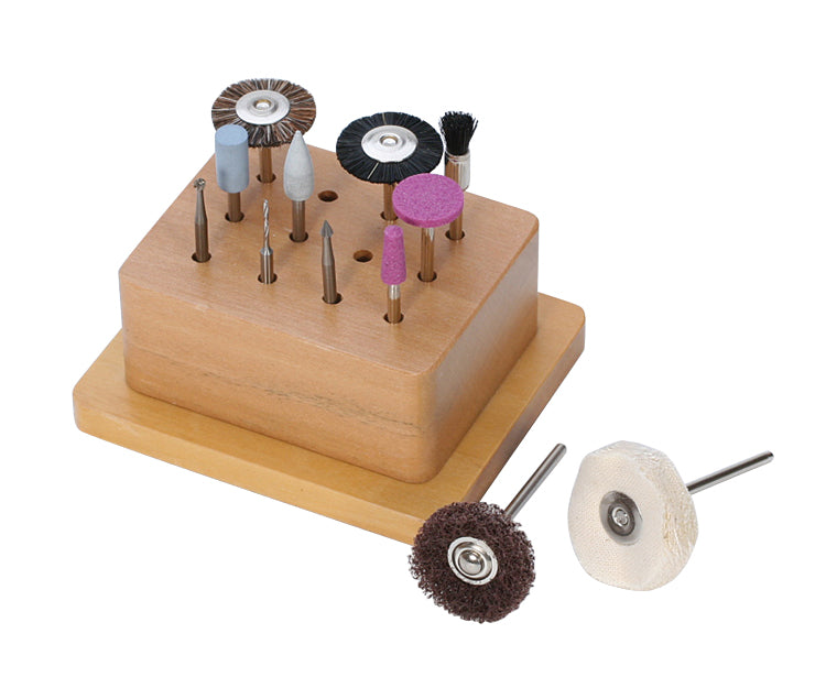 12-piece Precious Metal Clay Finishing Tool Kit with wooden base and 3/32" shank tools for jewelry making