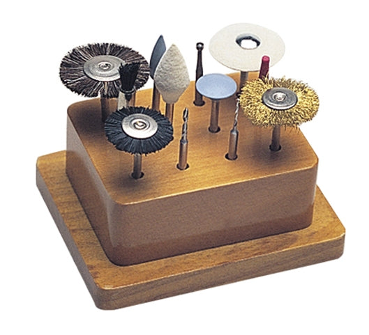 12-piece polisher rotary accessory kit with brushes, felt bobs, drills, and abrasive tools on wooden stand