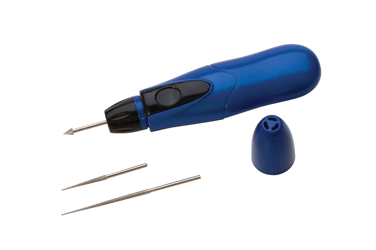 Cordless bead reamer tool with three interchangeable tips and blue molded handle for jewelry making