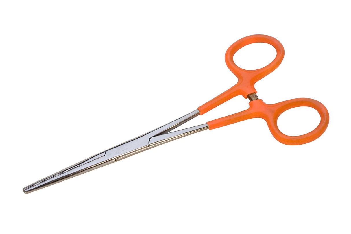 6 inch straight stainless steel forceps with orange grip and serrated jaws