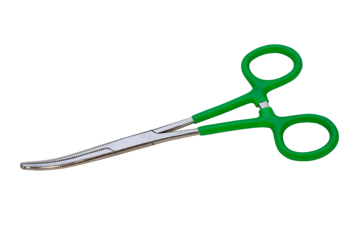6-inch curved forceps with green ergonomic grip and serrated stainless steel tips