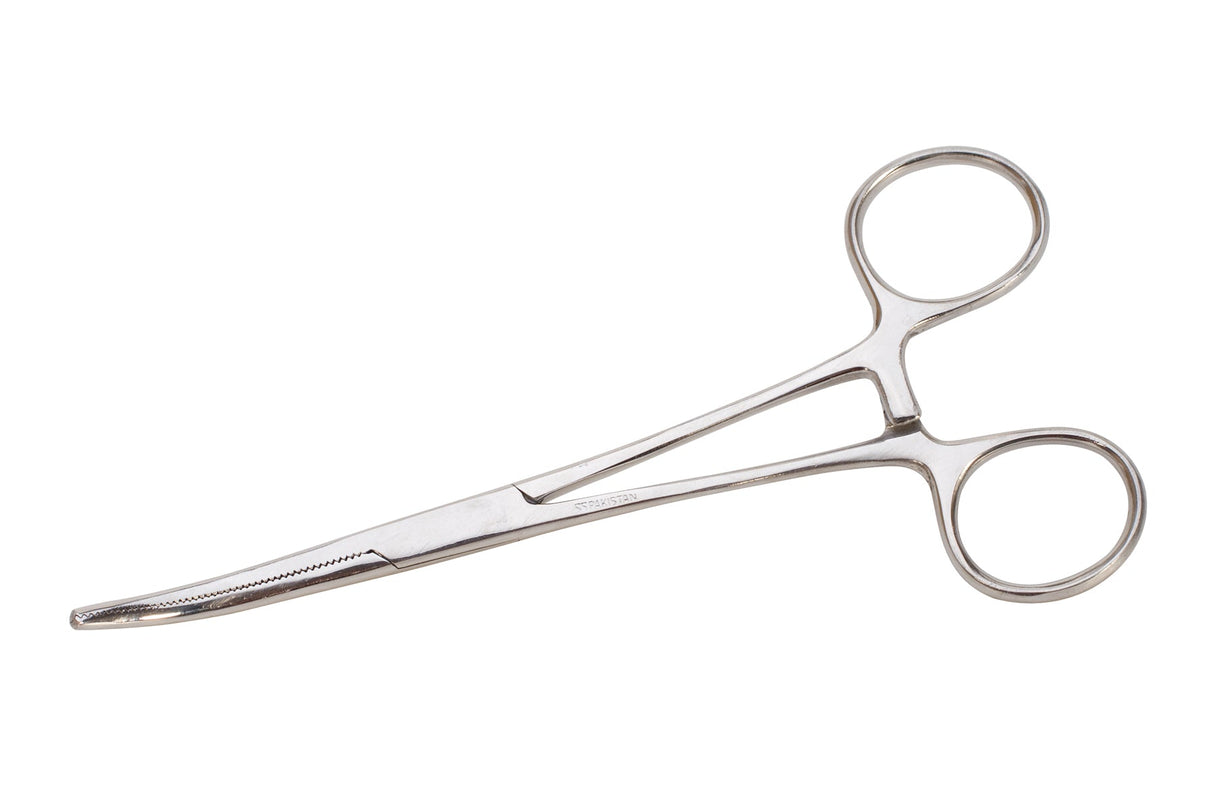 6-inch curved stainless steel forceps with serrated jaws and locking mechanism for precision gripping