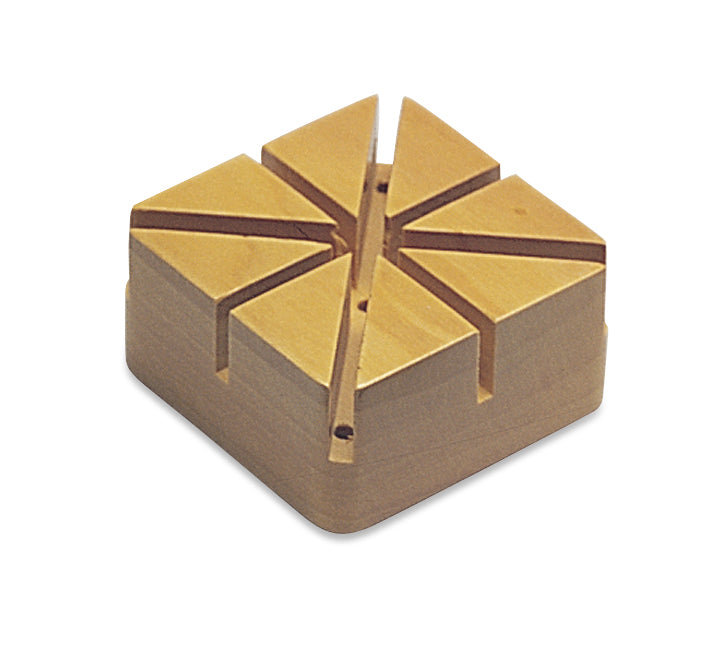 Compact wooden watch and bracelet holder with varied slits and central hole for repair tasks