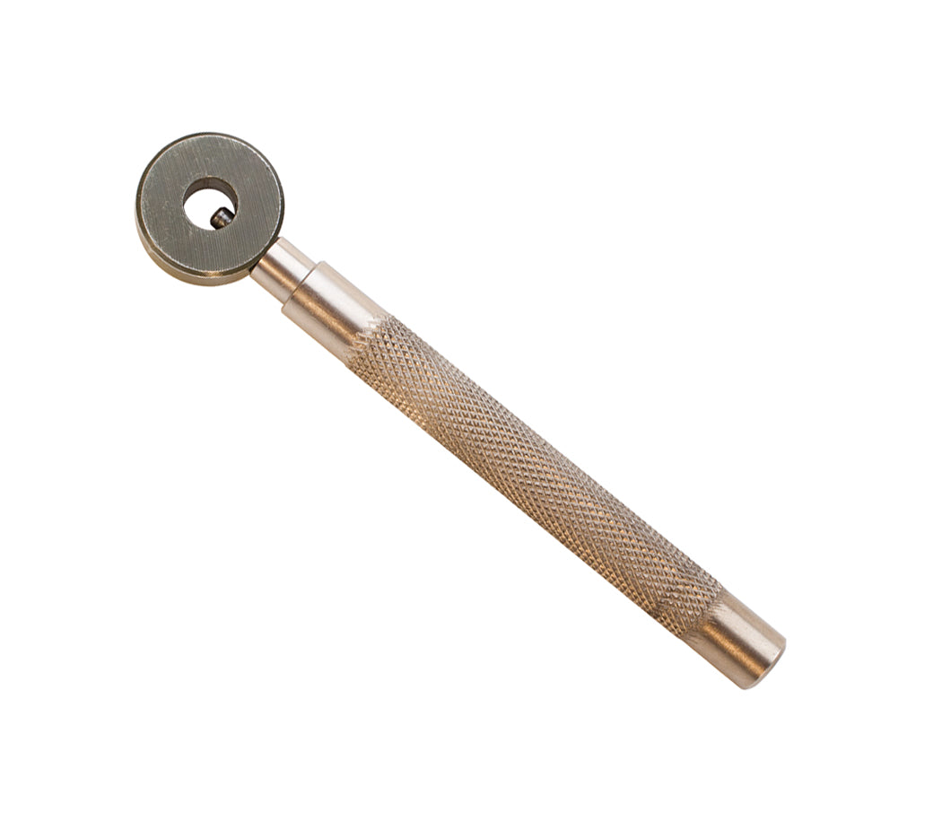 Thumbsaver Stamp Holder metal tool with knurled handle for safe and precise stamping of round and square stamps up to 7 mm