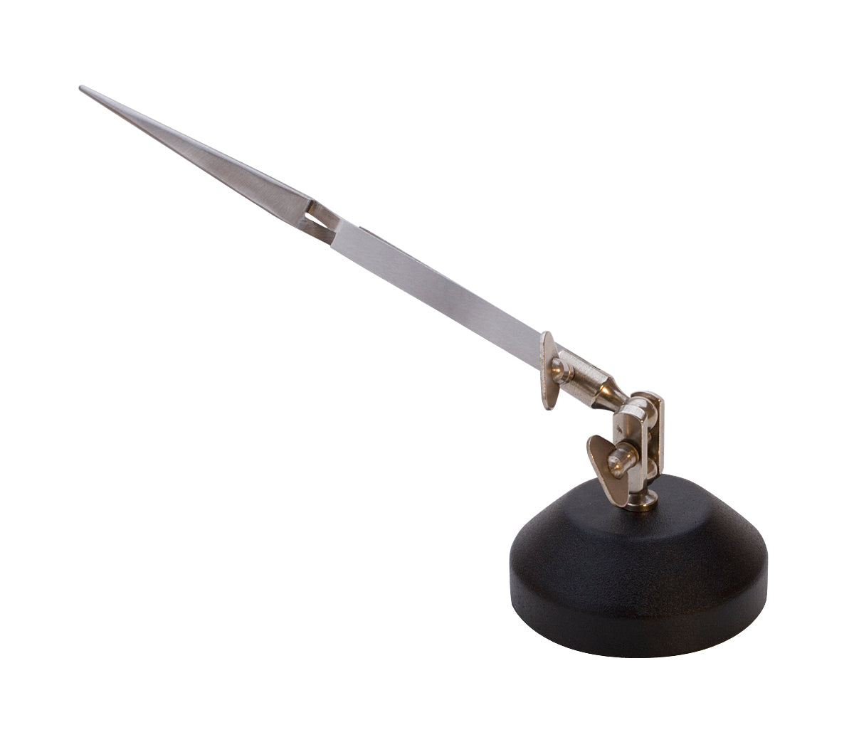 Third hand tool with pointed tweezers mounted on weighted base for soldering and hands-free work