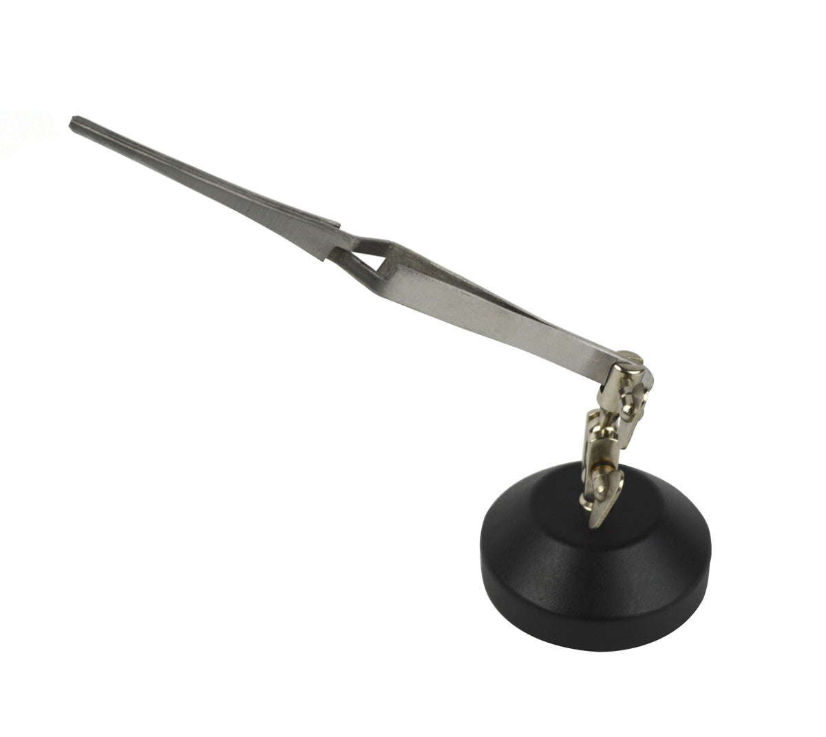 Third Hand tool with 6-1/2 inch cross-locking blunt-tipped tweezers and weighted base for stable hands-free soldering.