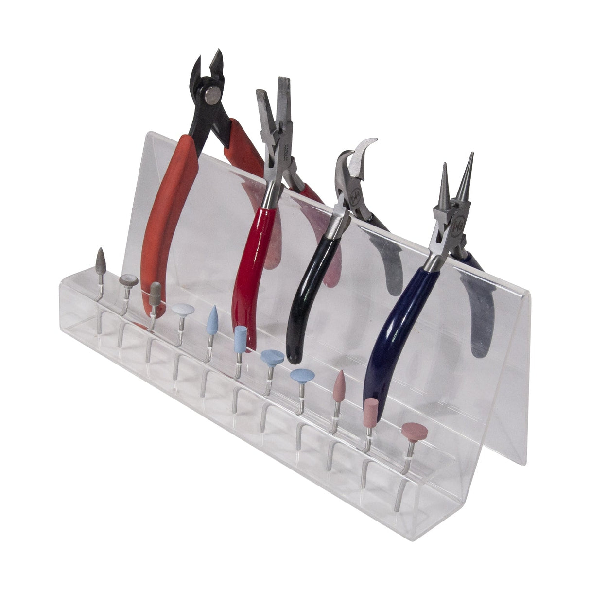Clear acrylic plier and tool rack holding pliers and precision tools for organized workspace