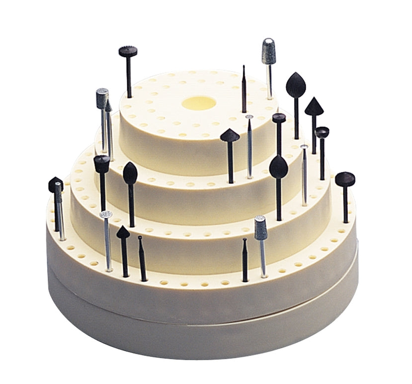 Plastic rotating bur tool organizer holder with four-tier circular design and multiple holes for burs and rotary tools