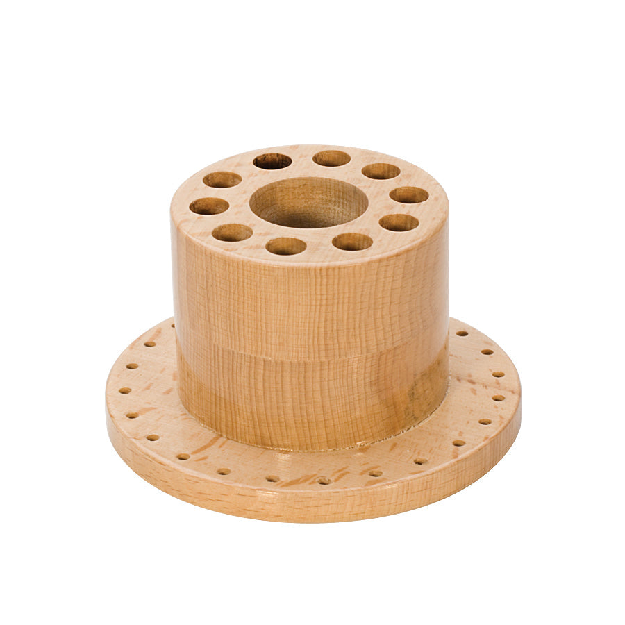 Round Wooden Tool Stand with center cavity and base holes for organizing wax carvers, burs, and mini brushes on a workbench