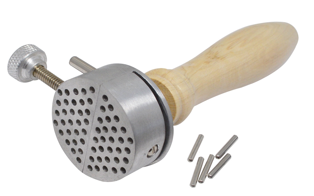 Handheld Universal Work Holder engraving vise with aluminum peg-style clamp and wooden handle, featuring multi-hole work surface and eight pins for secure holding