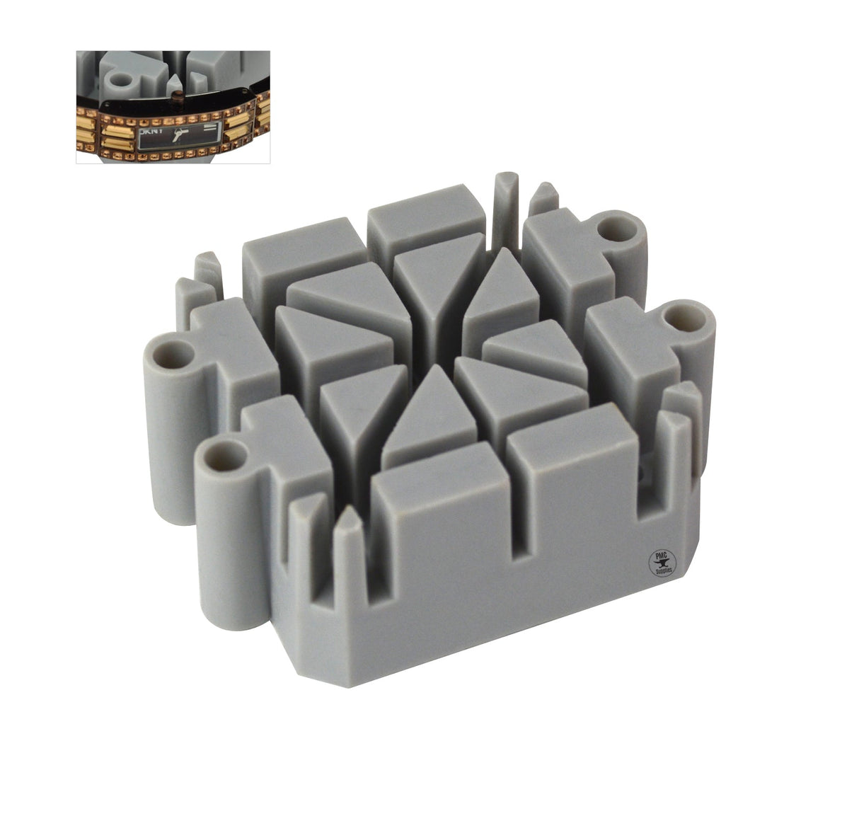 Gray synthetic plastic watch bracelet pin link adjustment holder tool with multiple slots for secure pin removal and link resizing.