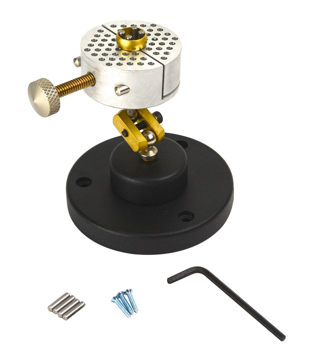 Universal Work Holder peg clamp vise with aluminum construction and base, including pins and hex key for precise securing and versatile setups