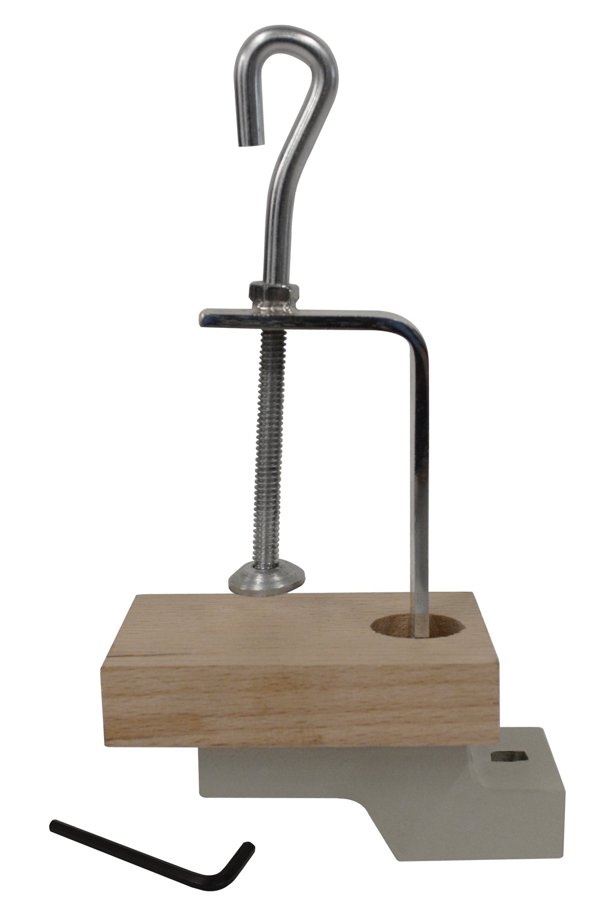 Workbench vise with wooden clamp and metal screw for mini stake forming tools on a workbench