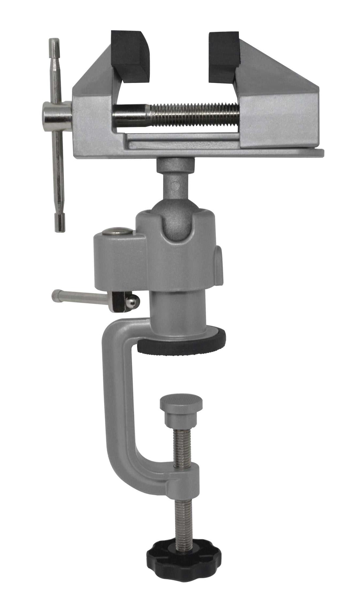 360° rotating tabletop swivel vise with 3-inch jaws and rubber pads for precise clamping and versatile positioning