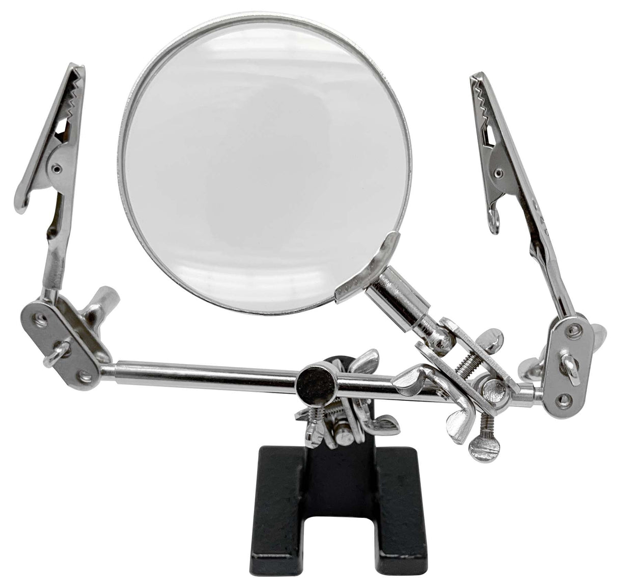 Helping Hand Magnifier with 4X lens, adjustable arms, alligator clips, and heavy cast base for hands-free detailed work