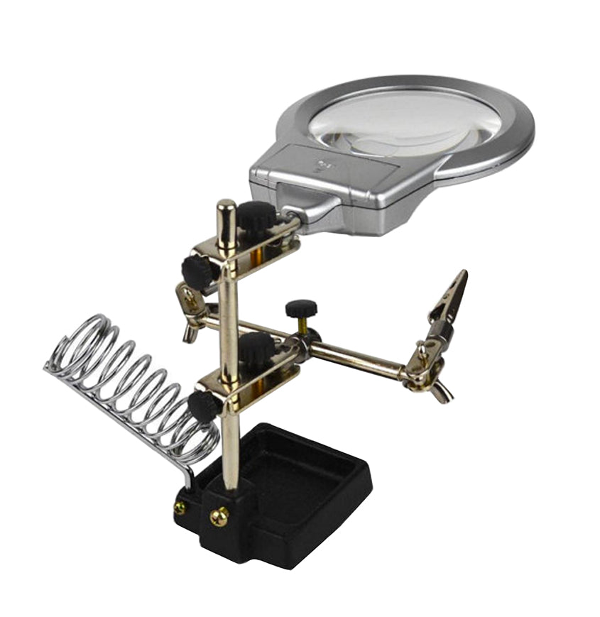 Helping Third Hand Magnifier with LED light, 3.5-inch lens, 2X and 6X magnification, soldering iron holder, and alligator clips for hands-free precision work