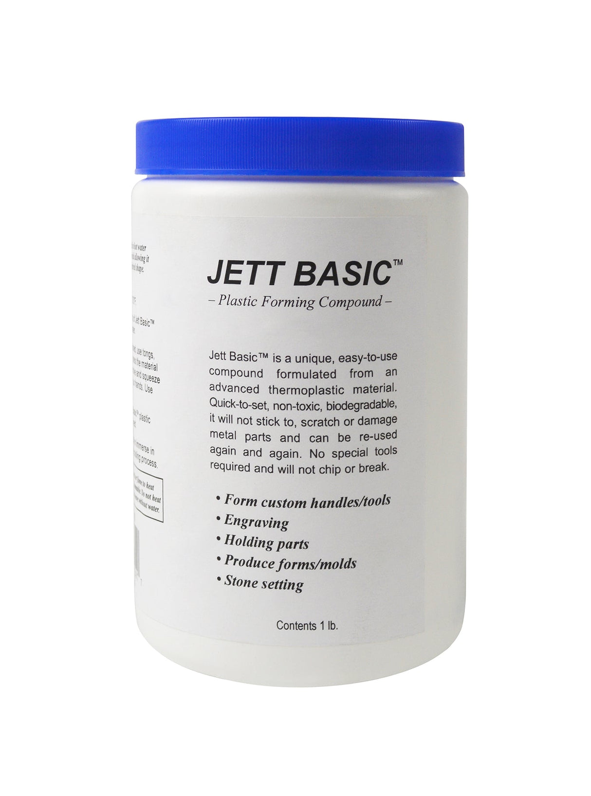 Jett Basic Fixturing Compound 1 lb container with blue lid for secure part holding and shaping during assembly and milling