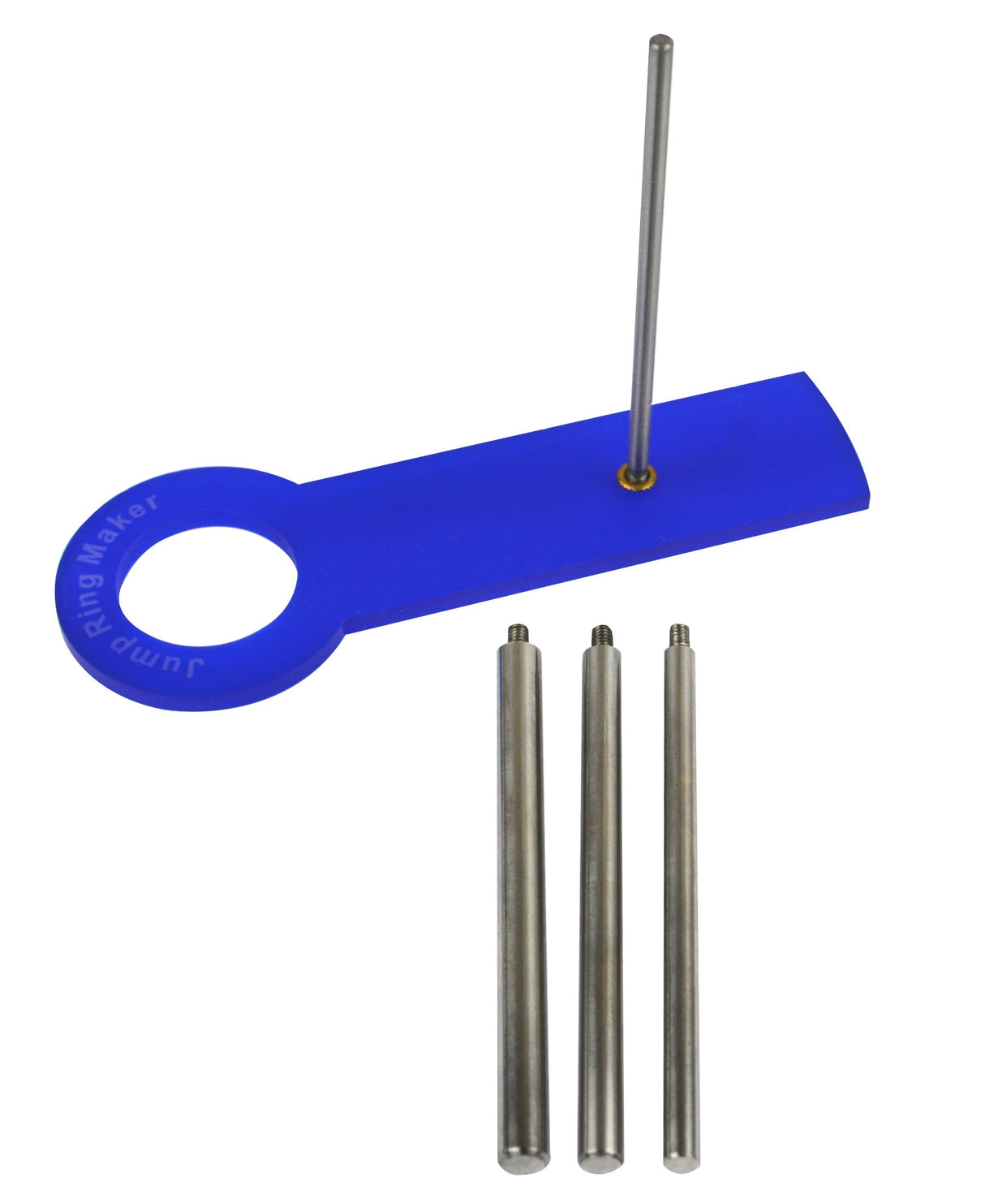 Jump Ring Maker Kit with blue acrylic base and three screw-in mandrels for jewelry making