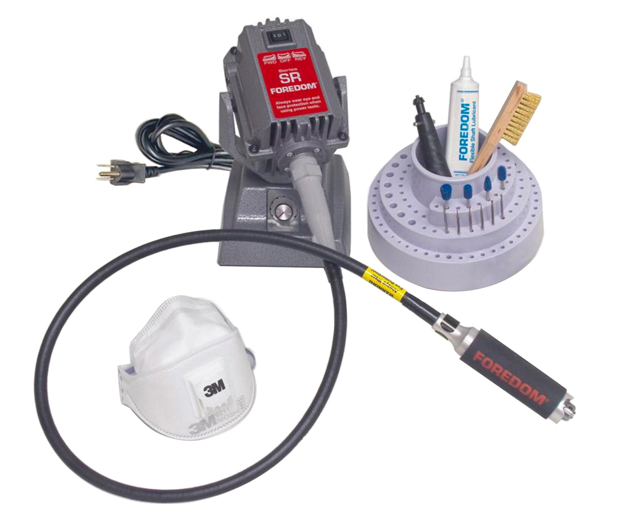 Foredom K.5230-2 flex shaft bench carving kit with motor, handpiece, carving tools, polishing compound, brush, and protective mask.