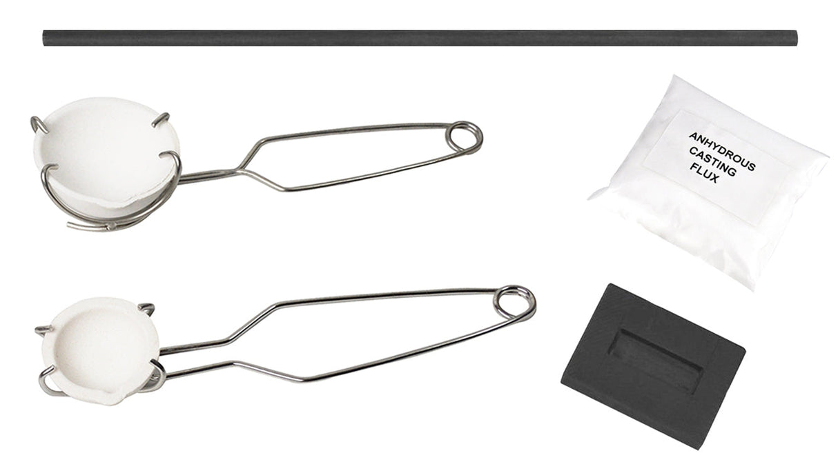 Metal melting set with ceramic crucibles, tongs, borax flux, graphite mold, and stir rod for jewelry making and metal casting.