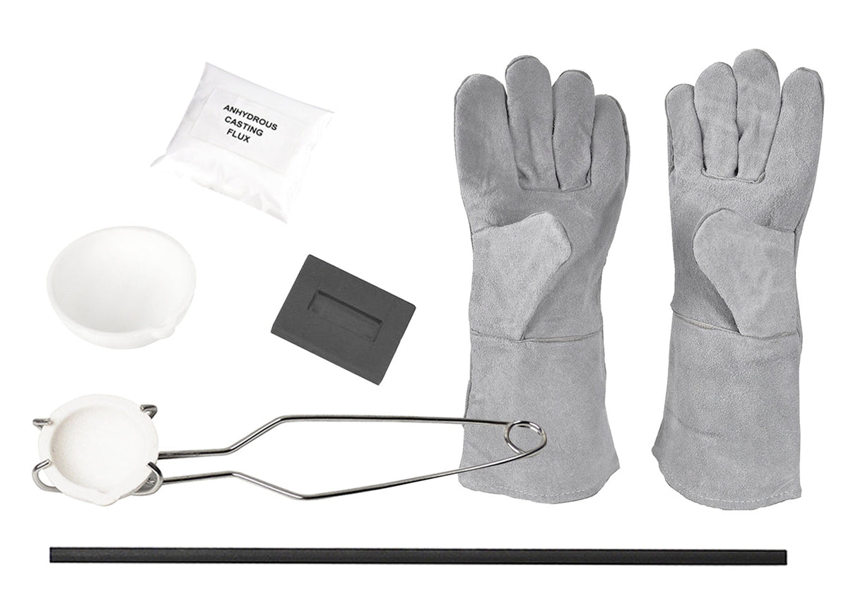 Melting set with ceramic crucibles, tongs, gloves, graphite mold, and borax flux for metalworking