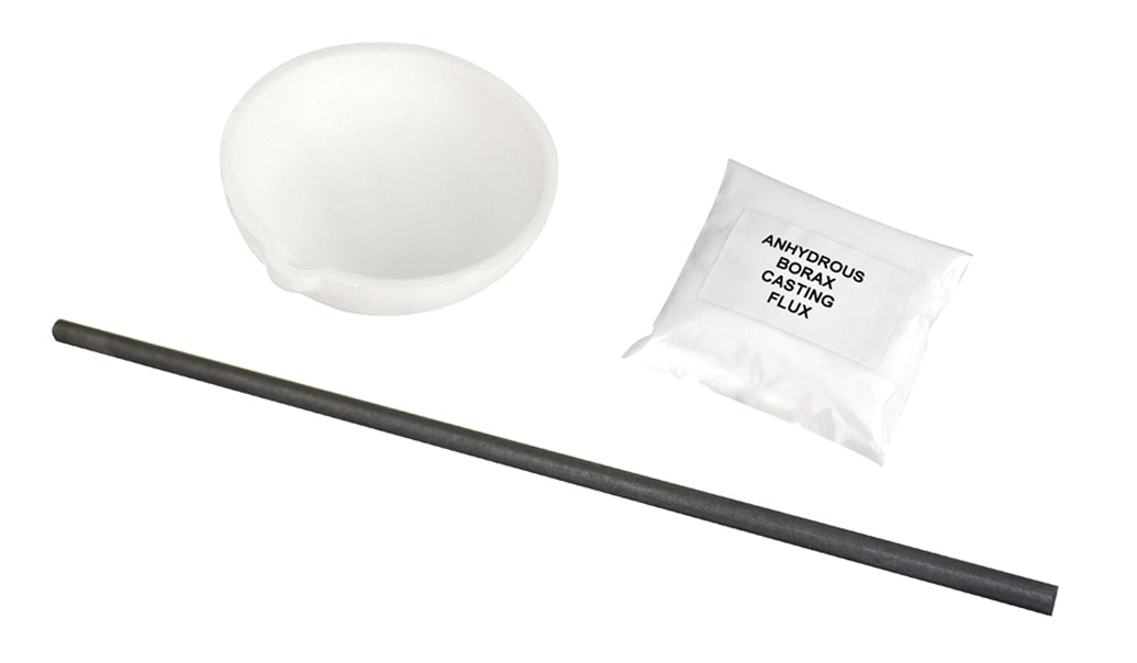Ceramic silica melting crucible set with borax flux and graphite stir rod for metal casting and jewelry work