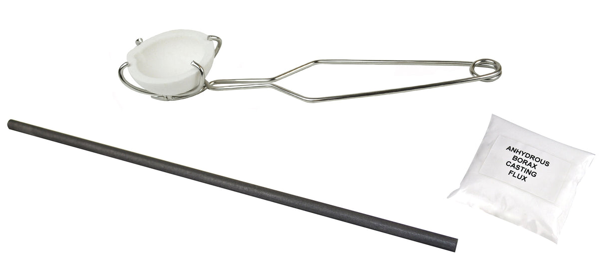100 gram ceramic silica melting crucible set with borax flux, graphite stir rod, and whip tongs for metalworking