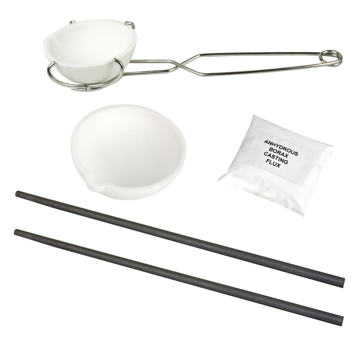Large ceramic silica melting crucible set with borax flux, graphite stir rods, and heat-resistant tongs for metal casting up to 2500°F