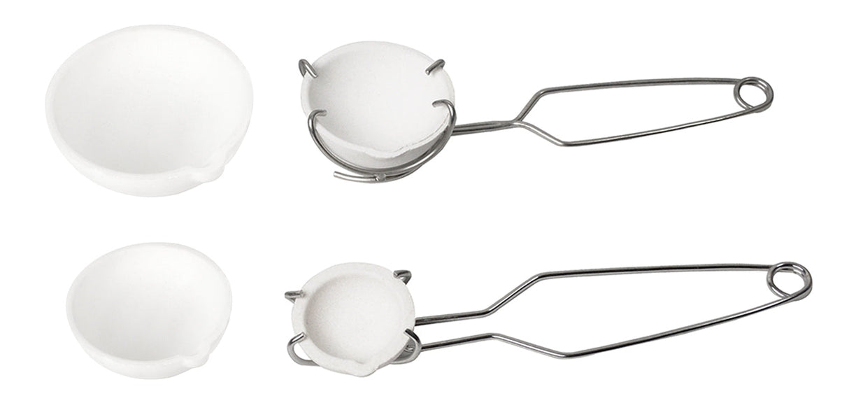 Large and small white ceramic crucibles with metal whip tongs for high-temperature metal melting set