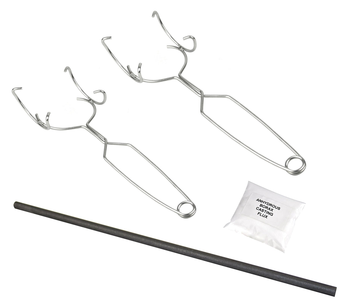 Large and Small Whip Tong Set with graphite stir rod and borax for metalworking and lab tasks