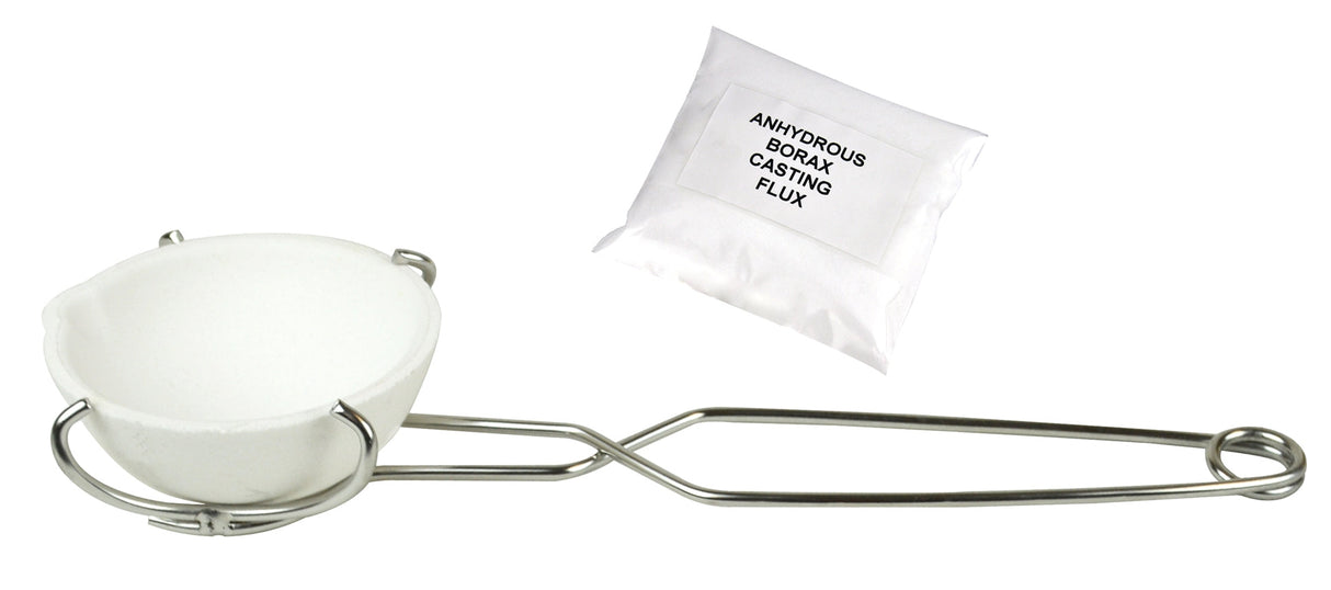 500 gram ceramic silica melting crucible with metal tongs and a packet of anhydrous borax casting flux for high-temperature metal casting up to 2500F