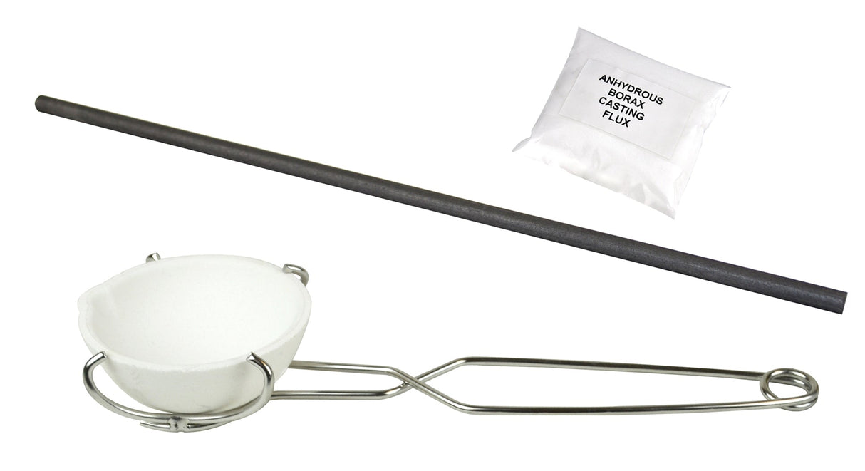 500 gram ceramic silica melting crucible set with borax tongs, graphite stir rod, and casting flux for high-temperature metal melting