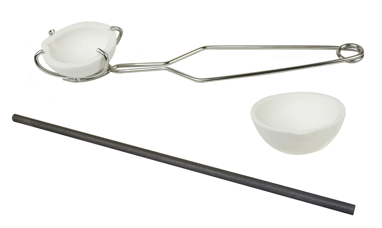 Ceramic silica melting crucible set with whip tongs and graphite stir rod for high-temperature metal melting