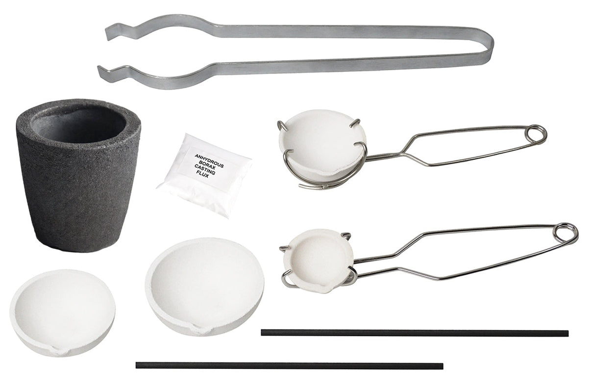 Jewelry Smelting Kit set with crucible, tongs, and flux for melting gold, silver, copper, and other metals.
