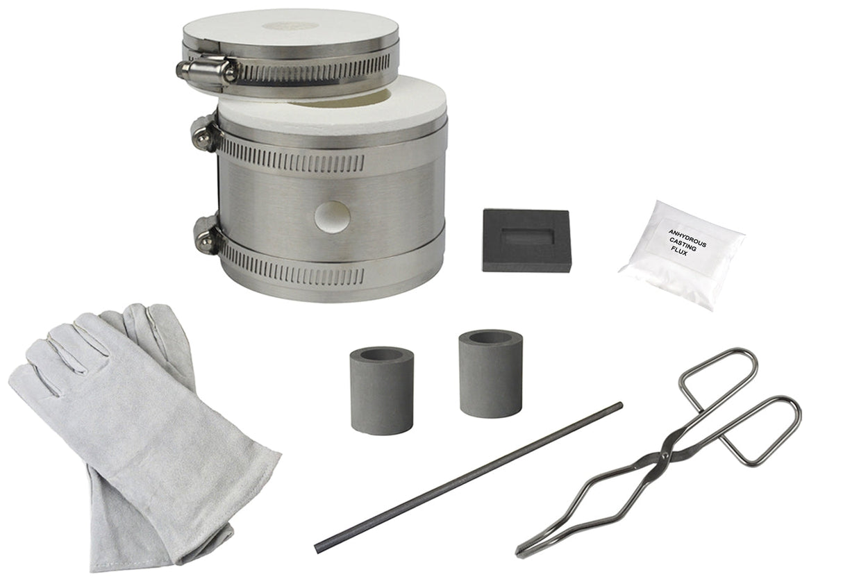 Premium Mini PRO Kiln propane furnace kit with gloves, crucibles, tongs, and flux for melting gold, silver, and copper