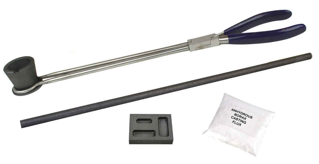 Torch Smelting Gold Refining Kit with graphite mold, mold tongs, borax, stir rod, and crucible cup for gold and silver refining