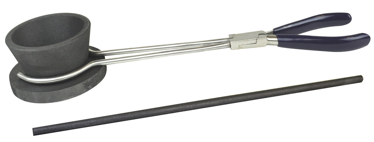 Torch smelting gold refining kit with crucible, tongs, and graphite rod for melting and refining gold and silver